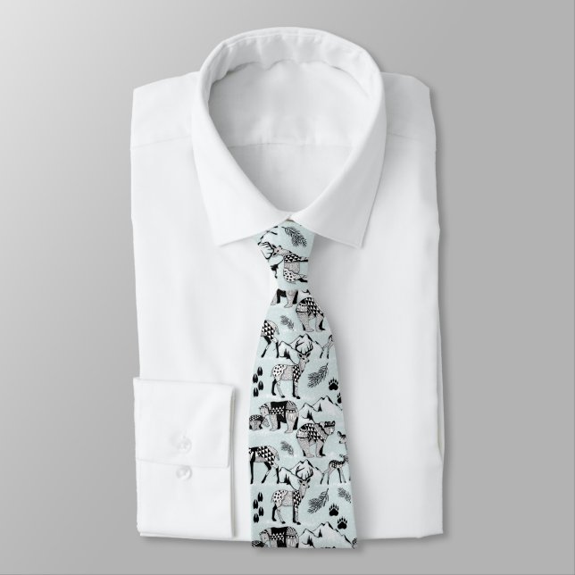 Tie Tribal Woodland Bears, Hjort, Black Aqua Blue Slips (Bunden)