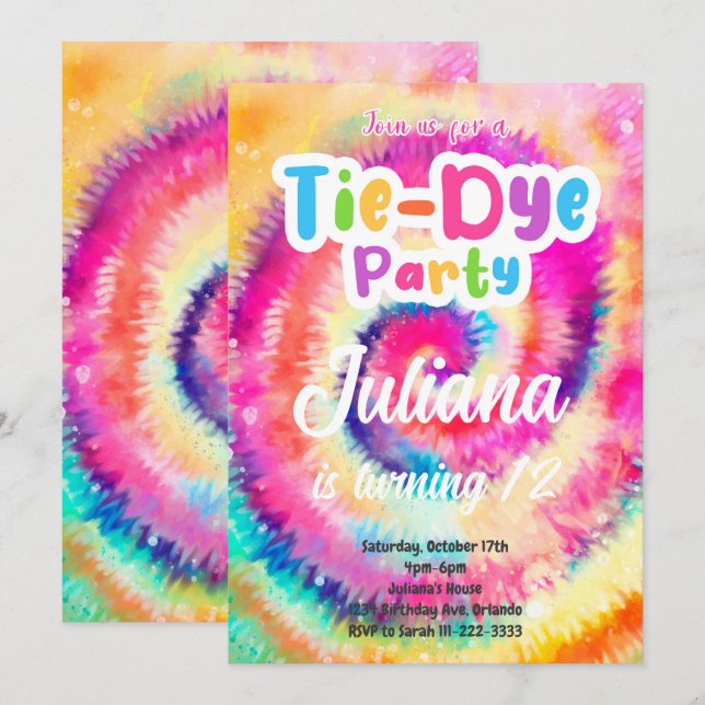 Tiedye Birthday Inbjudan (Fram/baksida)