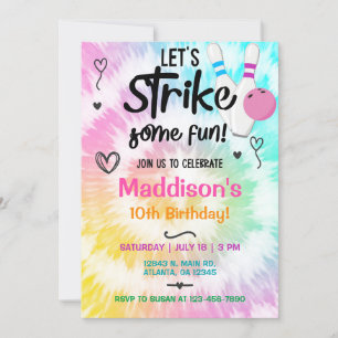 TieDye bowling strejka Girl Birthday inbjudan. Inbjudningar
