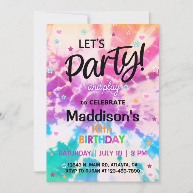 TieDye Girl Birthday-inbjudan. Inbjudningar (Framsida)