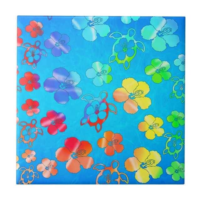 Tiefärg Honu och hibiskus Kakelplatta (Framsidan)