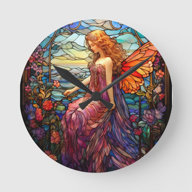 Tiffany Stil-lagrade Magic Fairy Rund Klocka (Framsida)