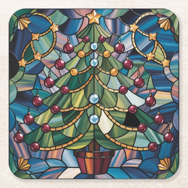 Tiffany-Style Stained Glass Christmas Tree Underlägg Papper Kvadrat (Framsidan)