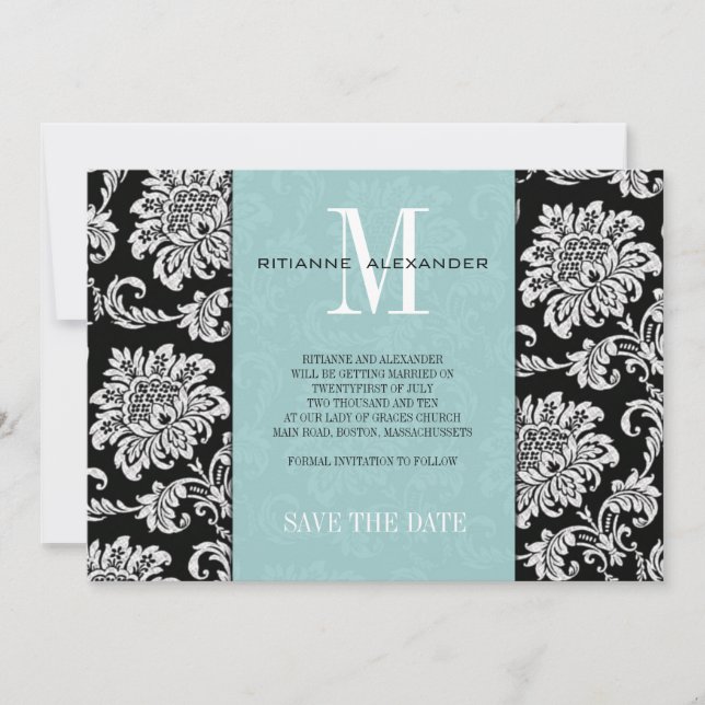 Tiffany Svart Monogram Damask Spara Datumet Inbjudningar (Framsida)
