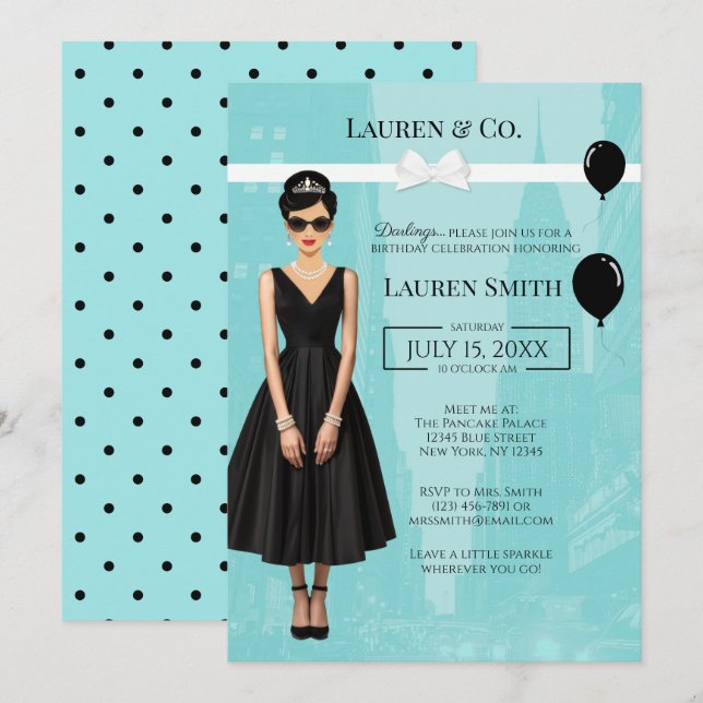 Tiffany's Birthday and Co Audrey Invitation Inbjudningar (Fram/baksida)