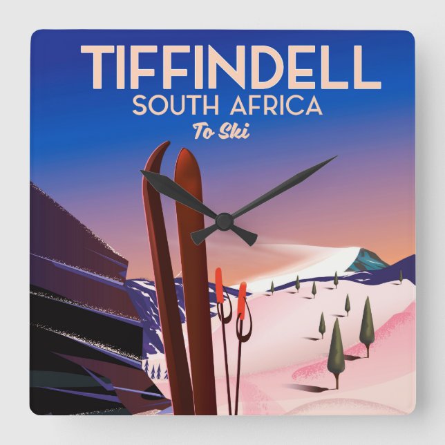 Tiffindell Sydafrika skidaffisch Fyrkantig Klocka (Framsida)