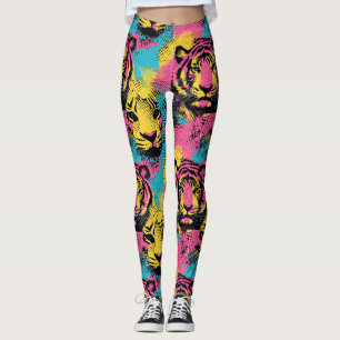 Tigare poppkonst Mönster i Rosa, Gult och blått Leggings