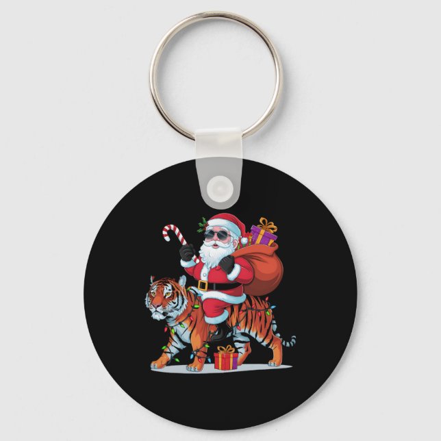 Tiger Älskare Julafton Lighting Santa Riding Tiger Nyckelring (Framsida)