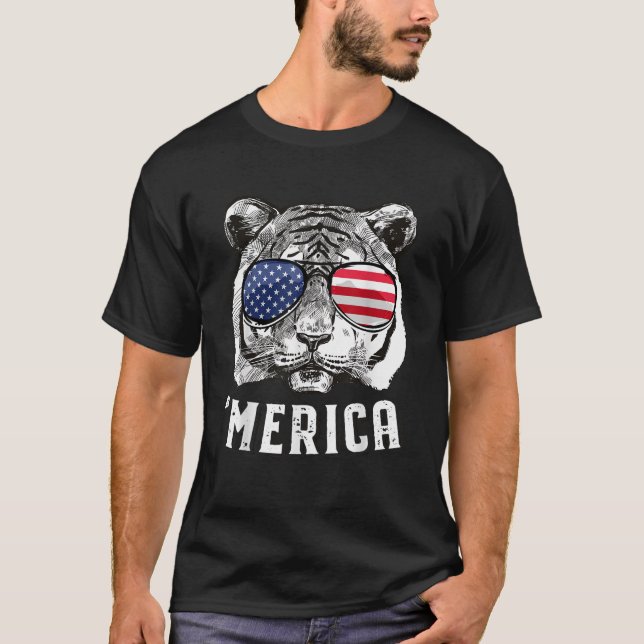 Tiger American Flagga 4:e juli Merica Sunglasses T Shirt (Framsida)