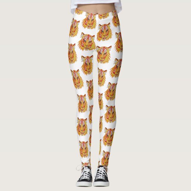 Tiger Ansikte Art Teckning Leggings (Framsida)