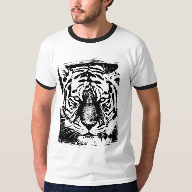 Tiger Ansikte Manar Modern Basic Ringer Black Whit T Shirt (Framsida)