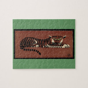 Tiger - Antiquarian, Colorful Bok Illustration Pussel