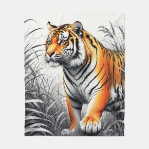 Tiger Art Färg Partial Black White Teckning Fleecefilt