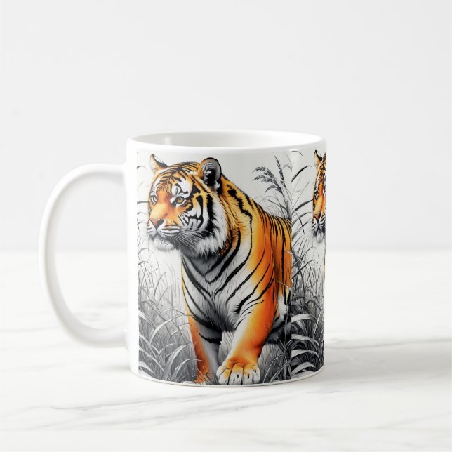 Tiger Art Färg Partial Black White Teckning Kaffemugg (Vänster)