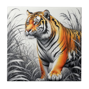 Tiger Art Färg Partial Black White Teckning Kakelplatta