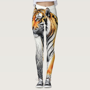 Tiger Art Färg Partial Black White Teckning Leggings