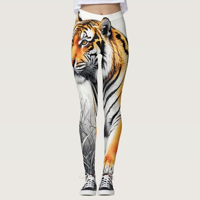 Tiger Art Färg Partial Black White Teckning Leggings (Framsida)