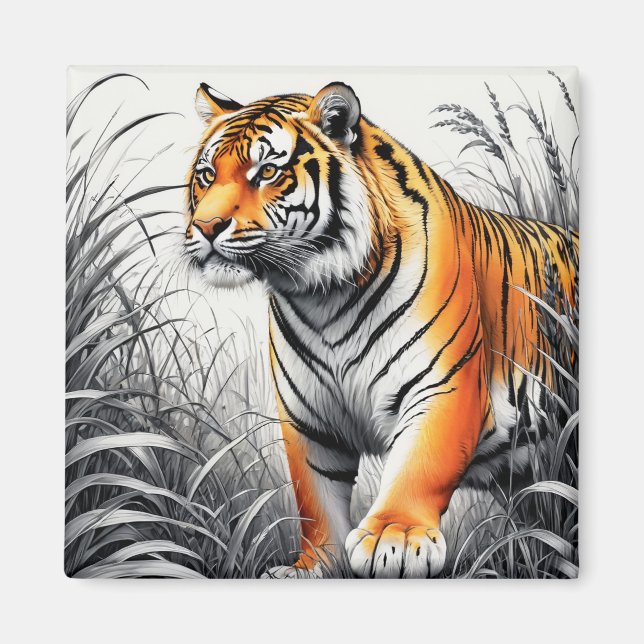 Tiger Art Färg Partial Black White Teckning Magnet (Framsidan)