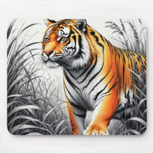 Tiger Art Färg Partial Black White Teckning Musmatta