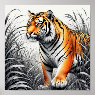 Tiger Art Färg Partial Black White Teckning Poster
