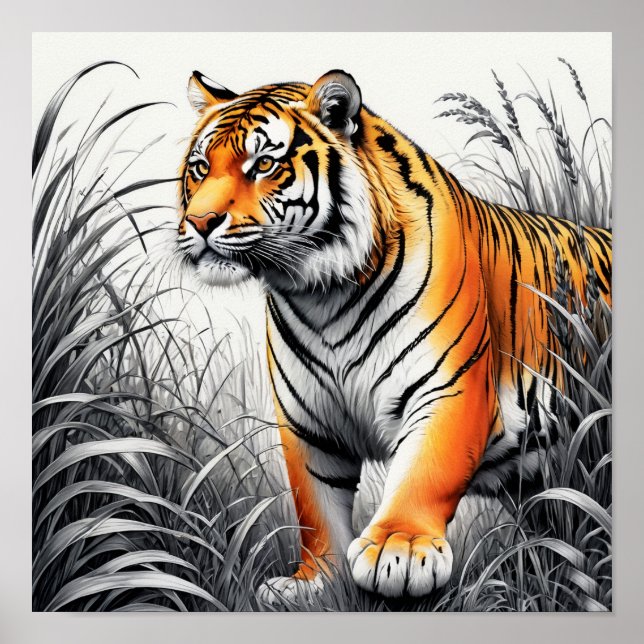 Tiger Art Färg Partial Black White Teckning Poster (Framsidan)