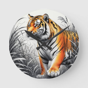 Tiger Art Färg Partial Black White Teckning Rund Klocka