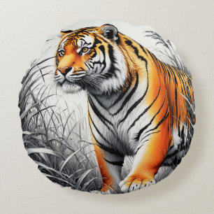 Tiger Art Färg Partial Black White Teckning Rund Kudde