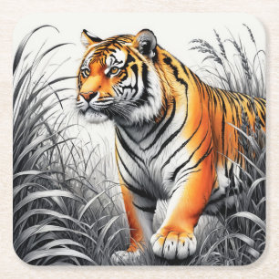 Tiger Art Färg Partial Black White Teckning Underlägg Papper Kvadrat