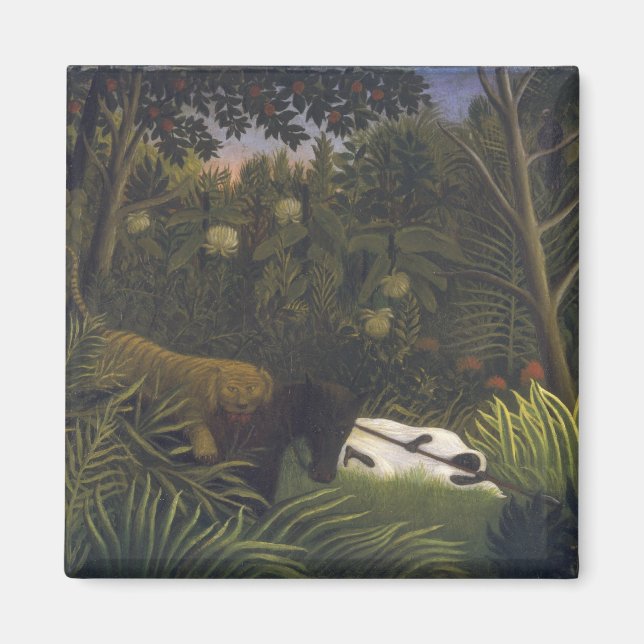 Tiger Attacker mot en häst och en sipprande svart  Magnet (Framsidan)