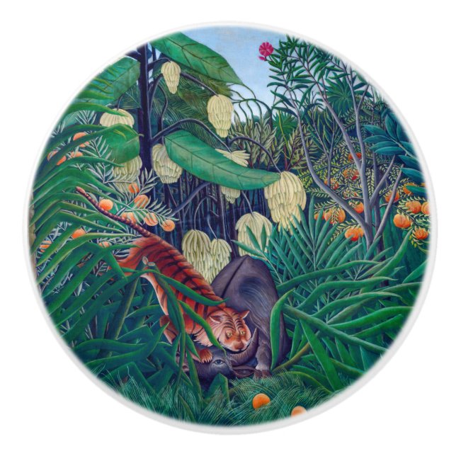 Tiger Attacking Buffalo i Exotic Tropical Jungle Knopp (Framsidan)