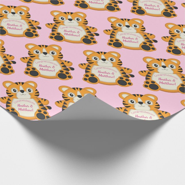 Tiger Baby Shower Rosa Presentpapper (Hörn)