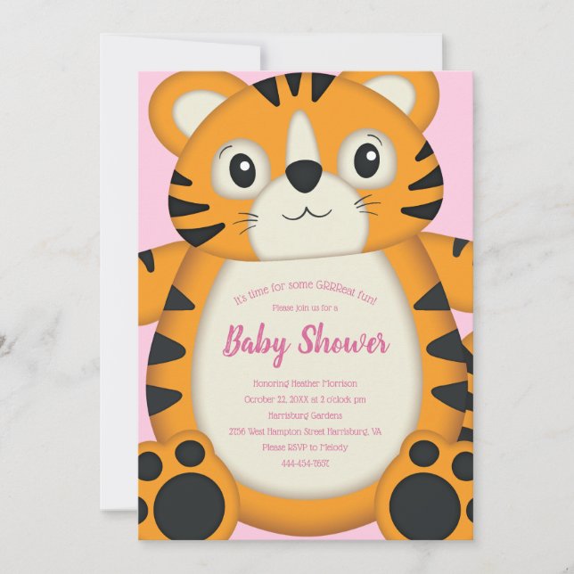 Tiger Baby Shower Safari Rosa Girl Girl Girl Girl  Inbjudningar (Framsida)