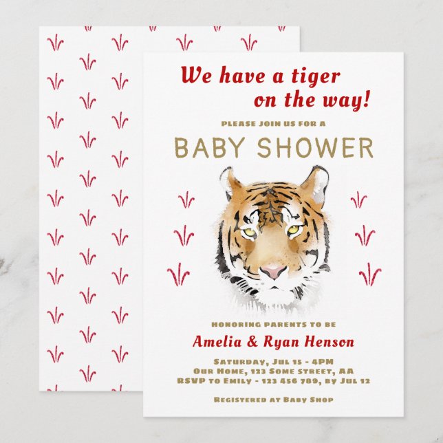 Tiger Baby Watercolor 2022 Barnkalas Inbjudningar (Fram/baksida)