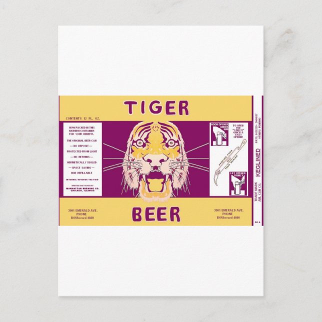 Tiger Beer Manhattan Brewing Chicago Illinois Can Vykort (Framsida)
