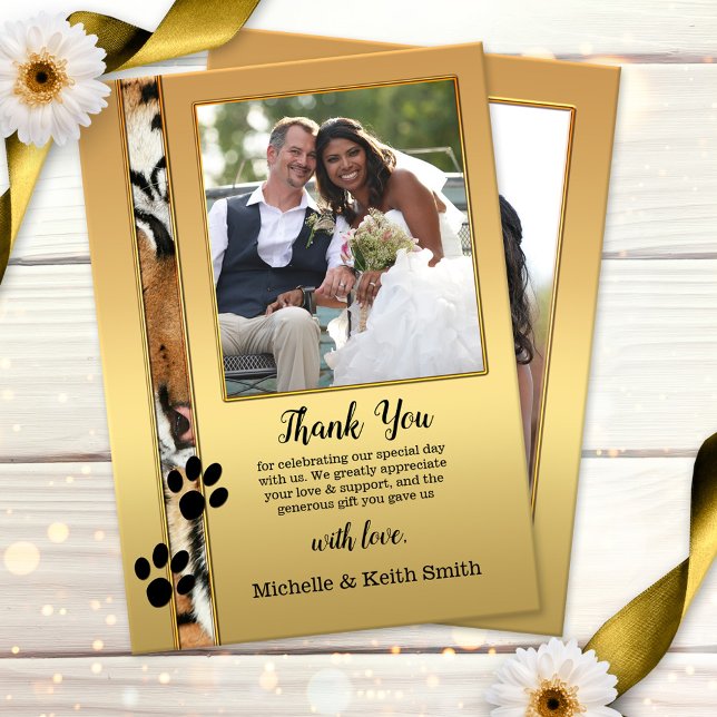 Tiger Big Cats Photo Bröllop - tack för ditt kort (Wedding Thank You card featuring your photo on both sides with a gold design with tiger print)