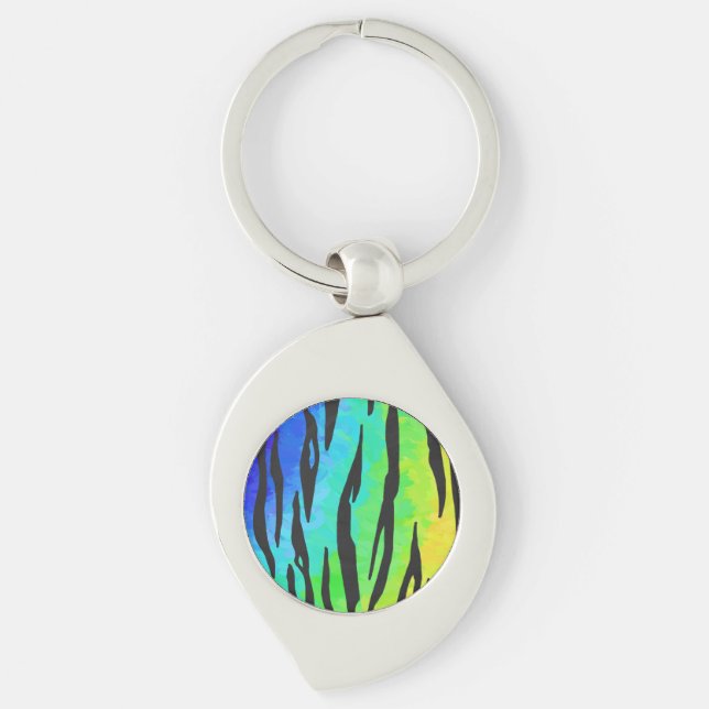 Tiger Black and Rainbow Gifts Swirl Silverfärgad Nyckelring (Framsidan)
