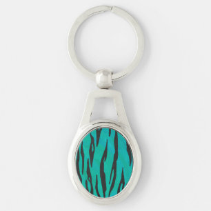 Tiger Black and Teal Print Ovalt Silverfärgad Nyckelring