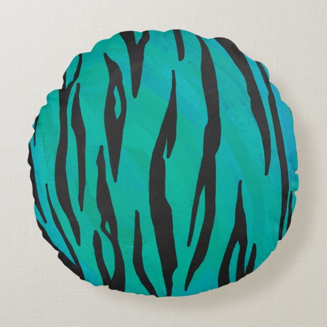 Tiger Black and Teal Print Rund Kudde (Framsidan)