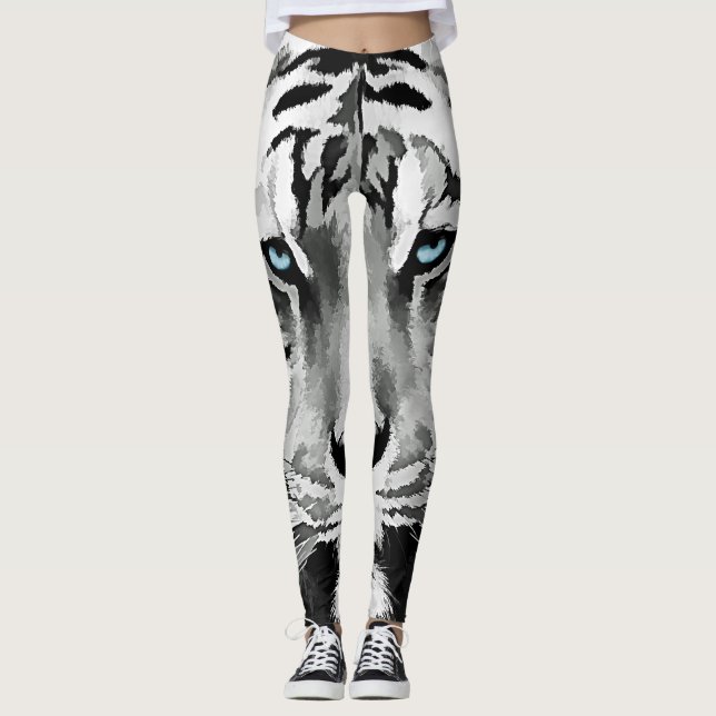 Tiger Black and White Blue öga Leggings (Framsida)