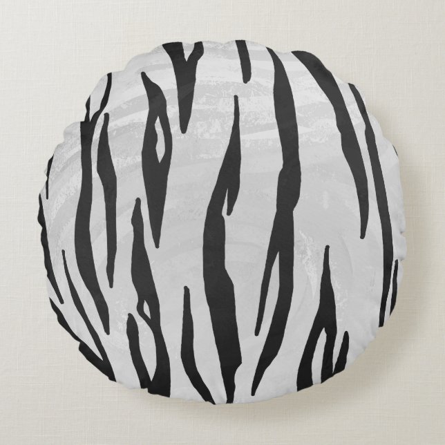 Tiger Black and White Print Rund Kudde (Framsidan)