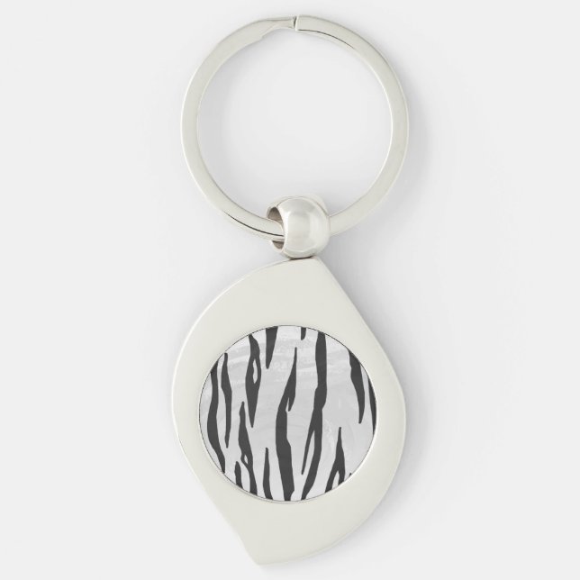 Tiger Black and White Print Swirl Silverfärgad Nyckelring (Framsidan)