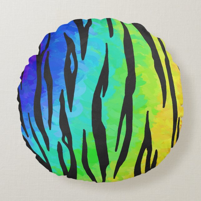 Tiger Black och Rainbow Saker Rund Kudde (Framsidan)