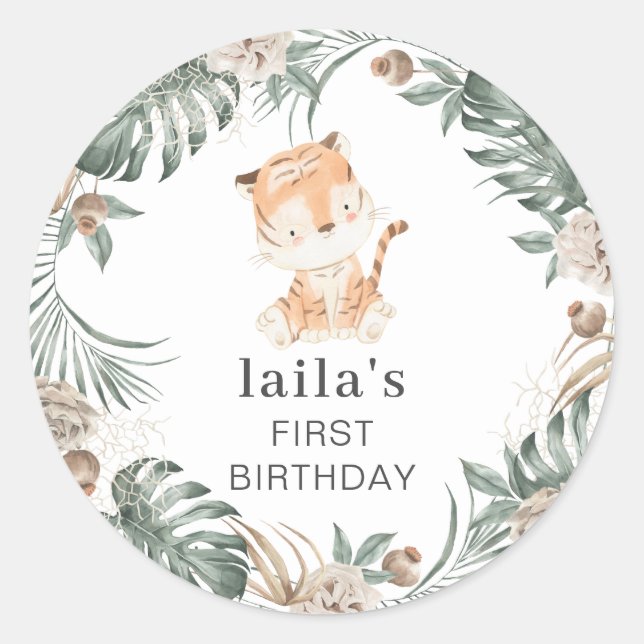 Tiger Blommigt Greenery Round Runt Klistermärke (Framsida)