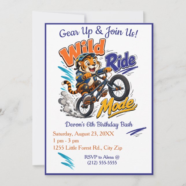 Tiger BMX-cykel födelsedagsfest för pojkar Inbjudningar (Framsida)