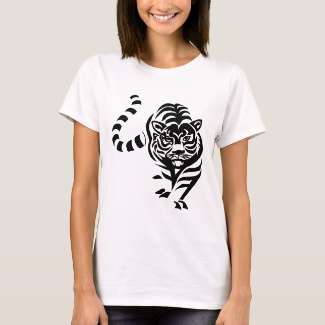 Tiger Cat Big Black White Rand Prowl Walk T Shirt (Framsida)