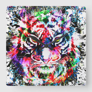 Tiger Clock Vägglås för färgad tigervägg Fyrkantig Klocka