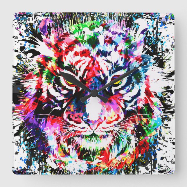 Tiger Clock | Vägglås för färgad tigervägg Fyrkantig Klocka (Framsida)
