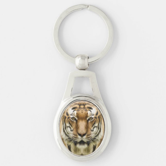 Tiger Close-Up-nyckelringar Ovalt Silverfärgad Nyckelring (Framsidan)