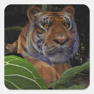 Tiger Crouching i Jungle Fyrkantigt Klistermärke