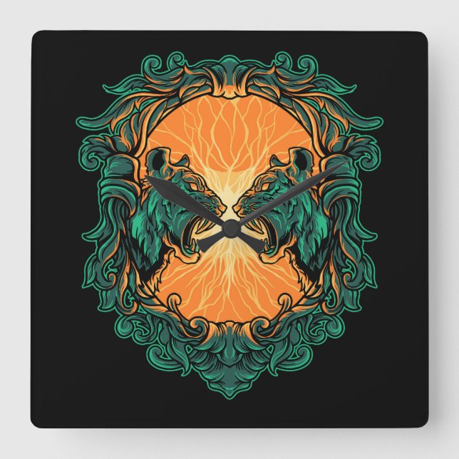 Tiger Fight Fyrkantig Klocka (Framsida)